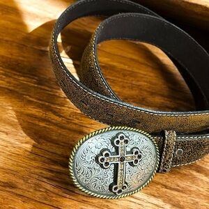 Nicona Brown Leather Belt with Silver Buckle Cross Amber color rhinestones Sz L